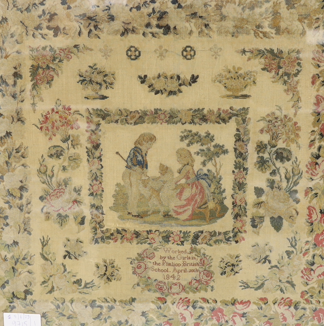 A Victorian sampler worked with flowers and central cartouche, worked by the girls in the Pimlico British School, April 20th 1842, sampler 46 x 46cm